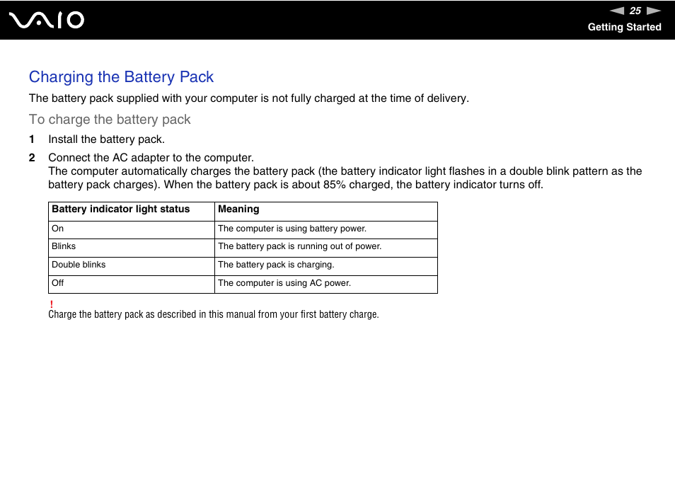 Charging the battery pack | Sony VGN-AR870NA User Manual | Page 25 / 210