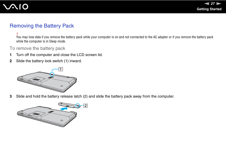 Removing the battery pack | Sony VGN-AR870NA User Manual | Page 27 / 210