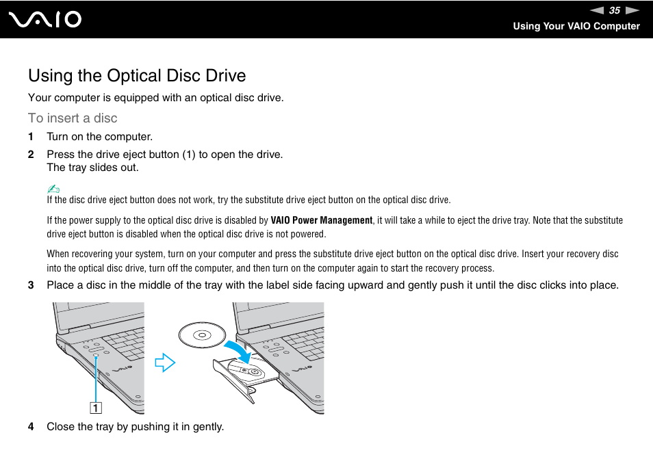 Using the optical disc drive | Sony VGN-AR870NA User Manual | Page 35 / 210