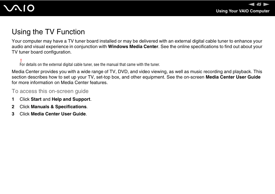 Using the tv function | Sony VGN-AR870NA User Manual | Page 45 / 210