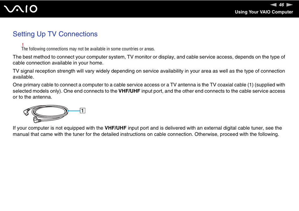 Setting up tv connections | Sony VGN-AR870NA User Manual | Page 46 / 210