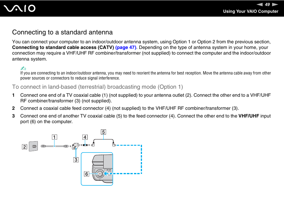 Connecting to a standard antenna | Sony VGN-AR870NA User Manual | Page 49 / 210