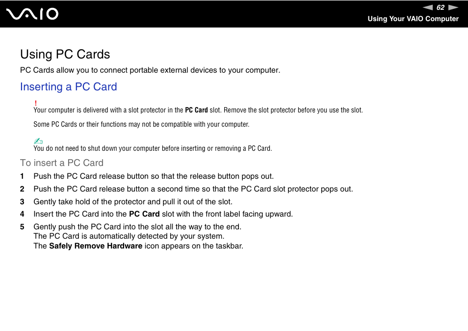 Using pc cards, Inserting a pc card | Sony VGN-AR870NA User Manual | Page 62 / 210