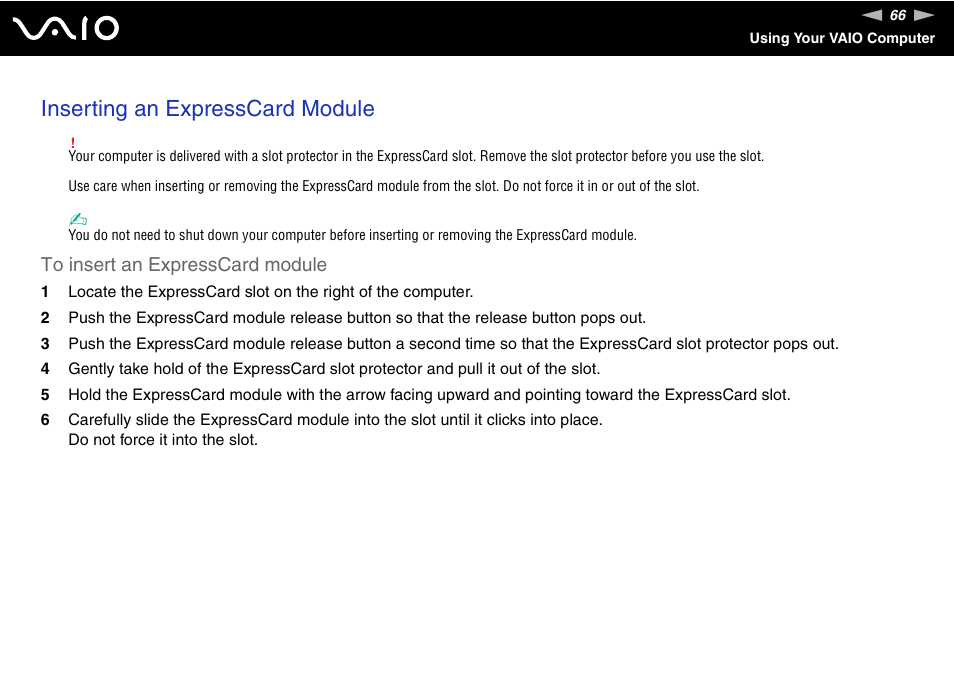 Inserting an expresscard module | Sony VGN-AR870NA User Manual | Page 66 / 210