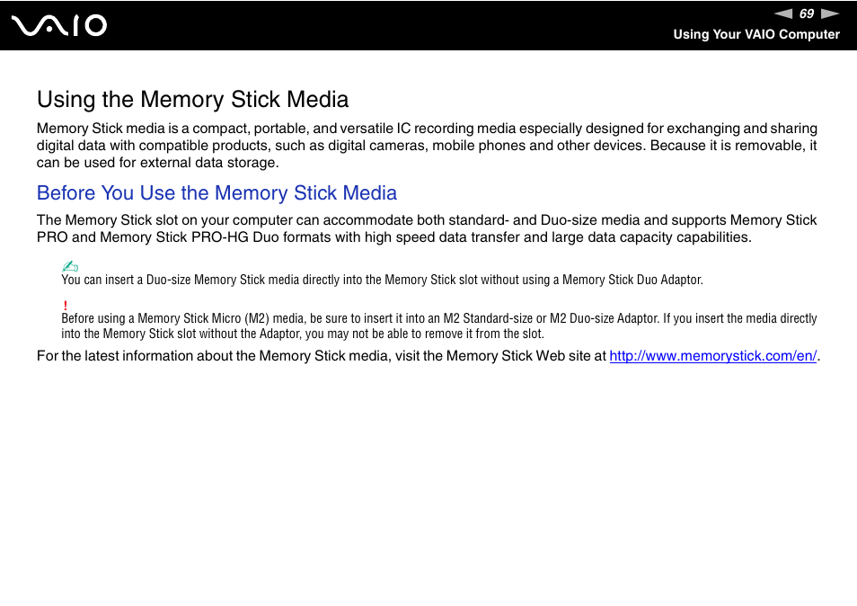 Using the memory stick media | Sony VGN-AR870NA User Manual | Page 69 / 210