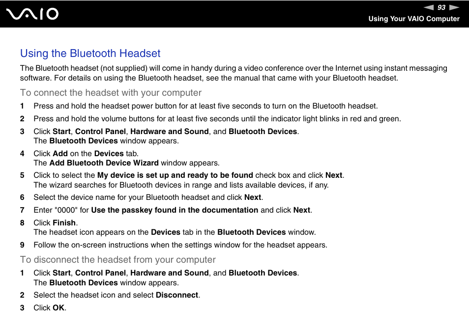 Using the bluetooth headset | Sony VGN-AR870NA User Manual | Page 93 / 210