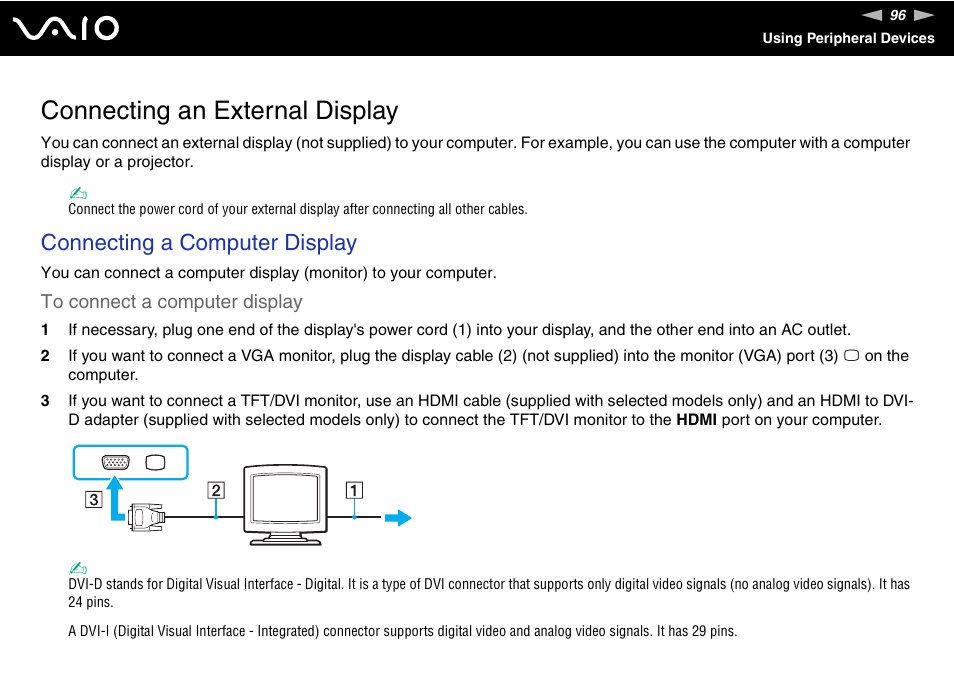 Connecting an external display, Connecting a computer display | Sony VGN-AR870NA User Manual | Page 96 / 210