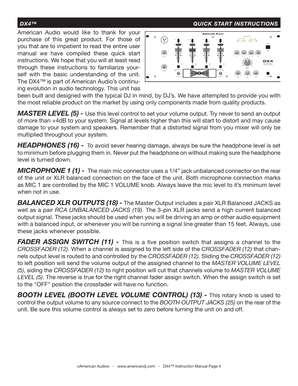 Master level (5), Headphones (16), Microphone 1 (1) | Balanced xlr outputs (18), Fader assign switch (11), Booth level (booth level volume control) (13), Dx4™ quick start instructions, Pgm cue | American Audio DX4 User Manual | Page 4 / 14