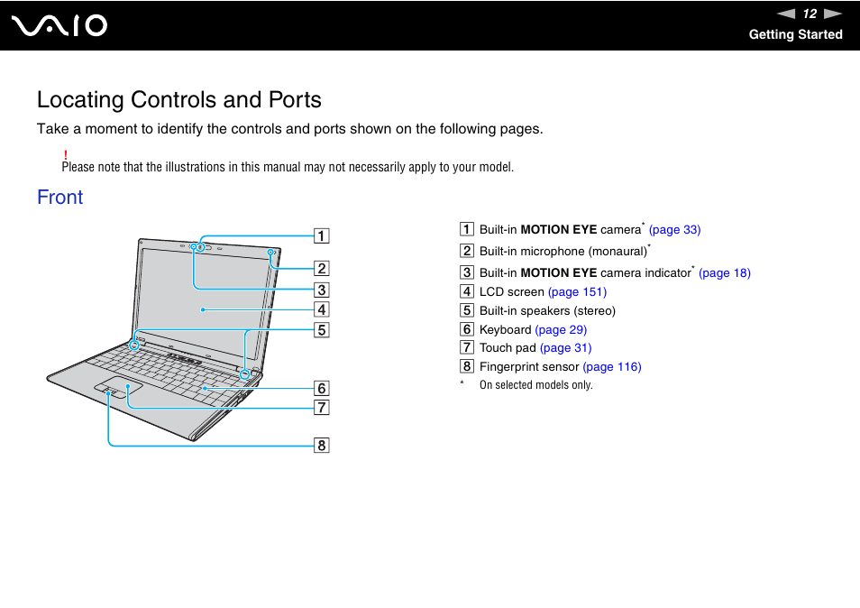 Locating controls and ports, Front | Sony VGN-SZ660N User Manual | Page 12 / 225