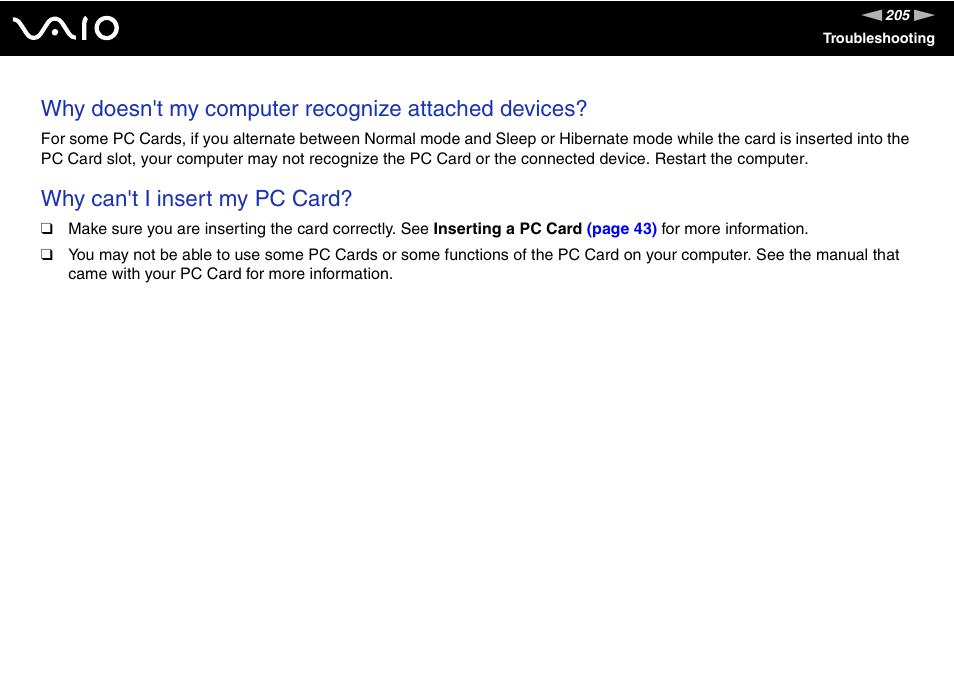 Why doesn't my computer recognize attached devices, Why can't i insert my pc card | Sony VGN-SZ660N User Manual | Page 205 / 225