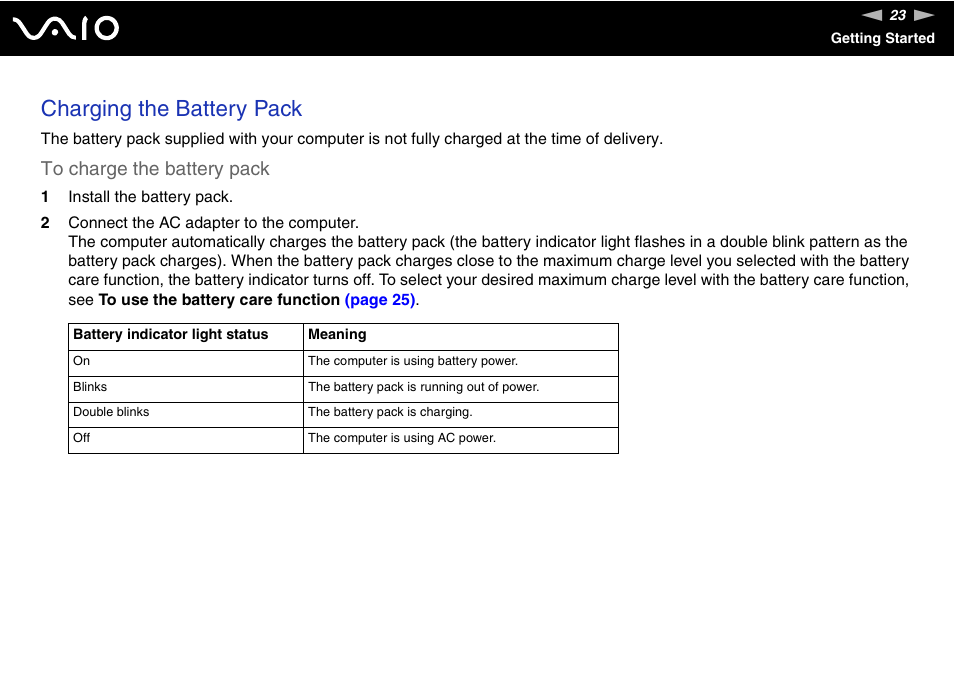 Charging the battery pack | Sony VGN-SZ660N User Manual | Page 23 / 225