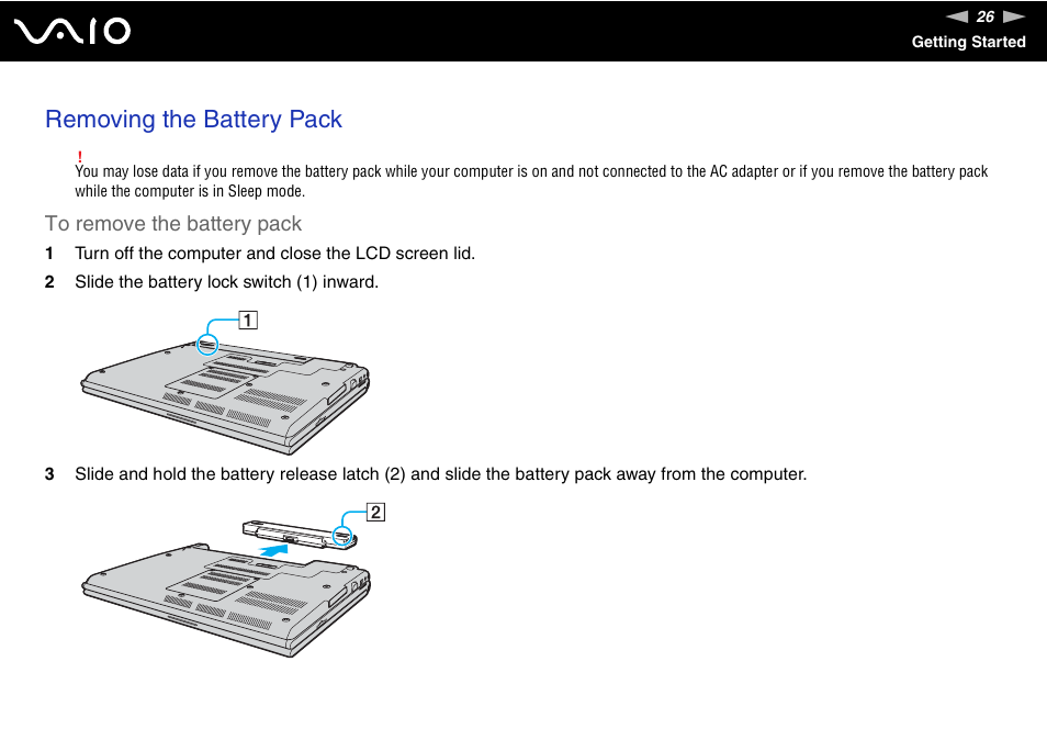 Removing the battery pack | Sony VGN-SZ660N User Manual | Page 26 / 225