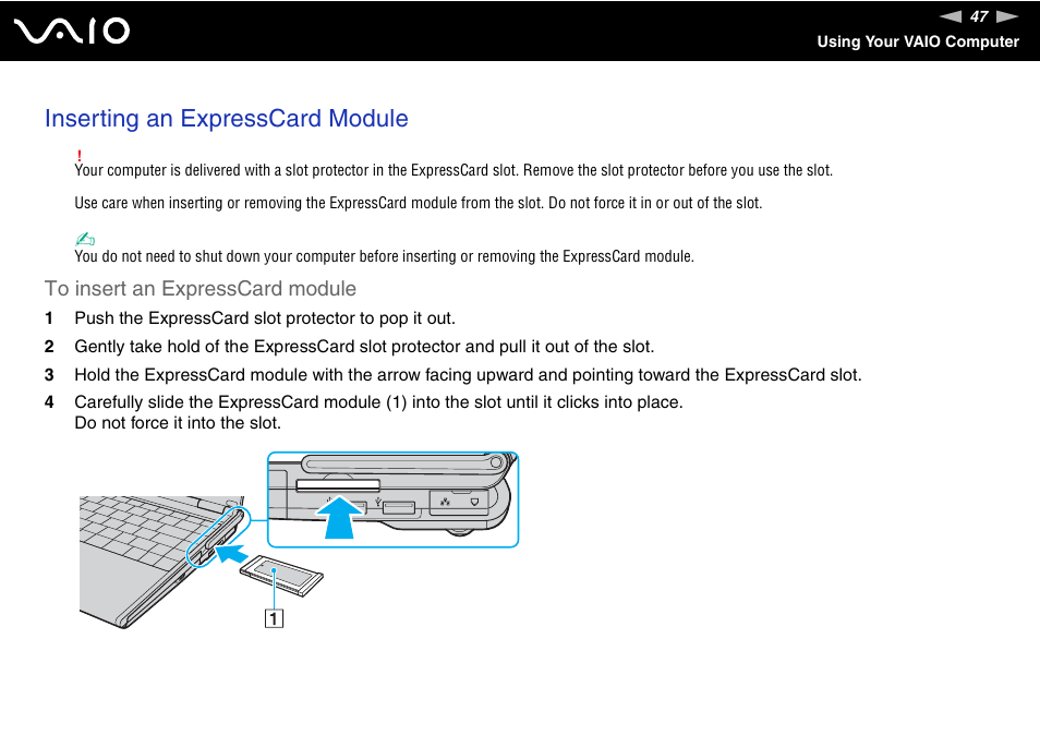 Inserting an expresscard module | Sony VGN-SZ660N User Manual | Page 47 / 225