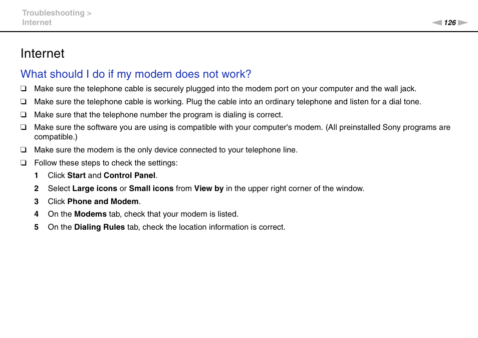 Internet, What should i do if my modem does not work | Sony VGN-NW226F User Manual | Page 126 / 152