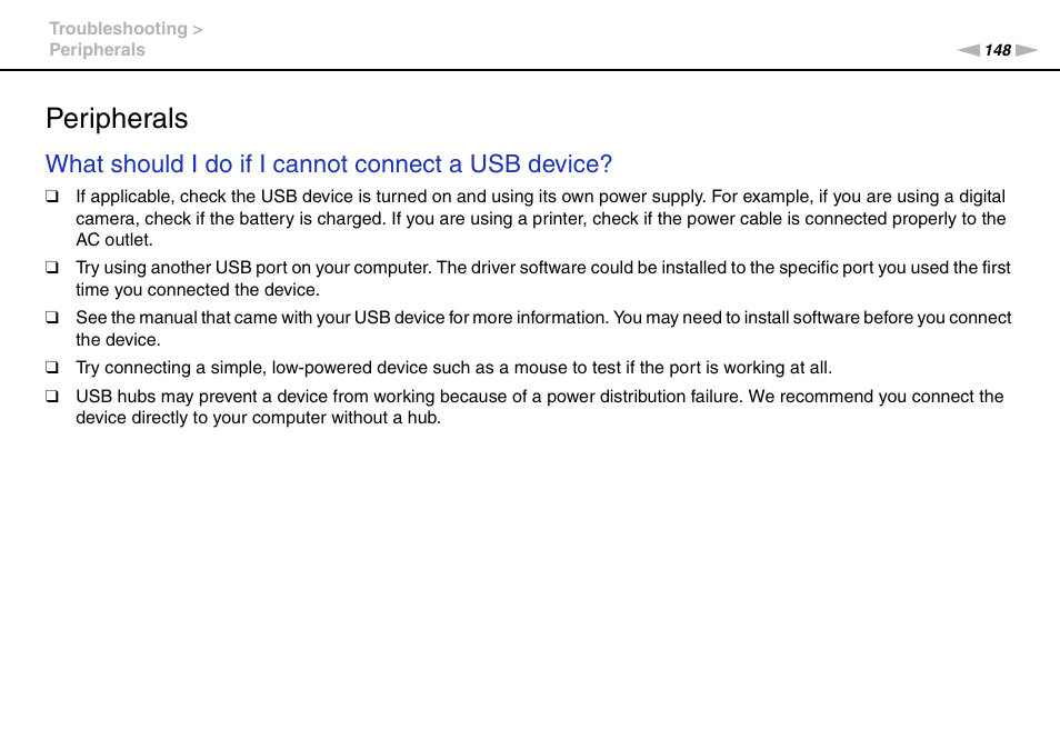 Peripherals, What should i do if i cannot connect a usb device | Sony VGN-NW226F User Manual | Page 148 / 152