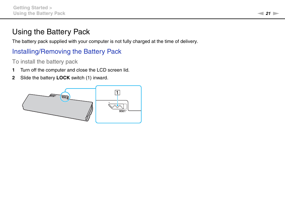Using the battery pack, Installing/removing the battery pack | Sony VGN-NW226F User Manual | Page 21 / 152