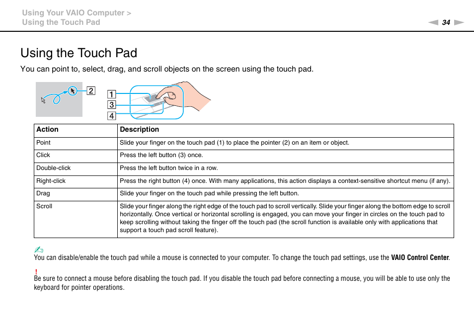 Using the touch pad | Sony VGN-NW226F User Manual | Page 34 / 152