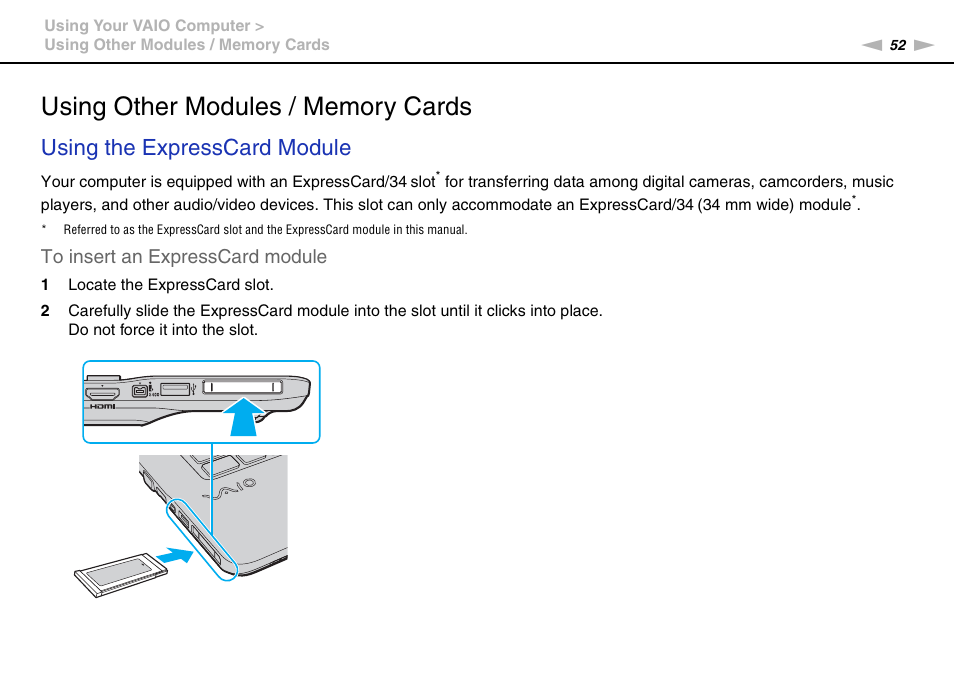 Using other modules / memory cards, Using the expresscard module | Sony VGN-NW226F User Manual | Page 52 / 152