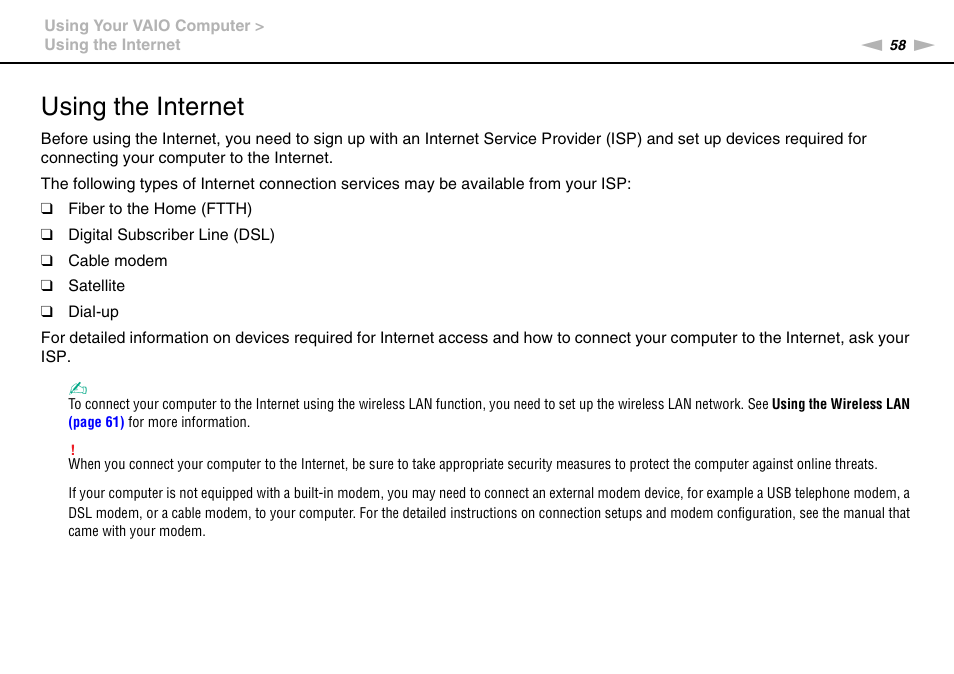 Using the internet | Sony VGN-NW226F User Manual | Page 58 / 152