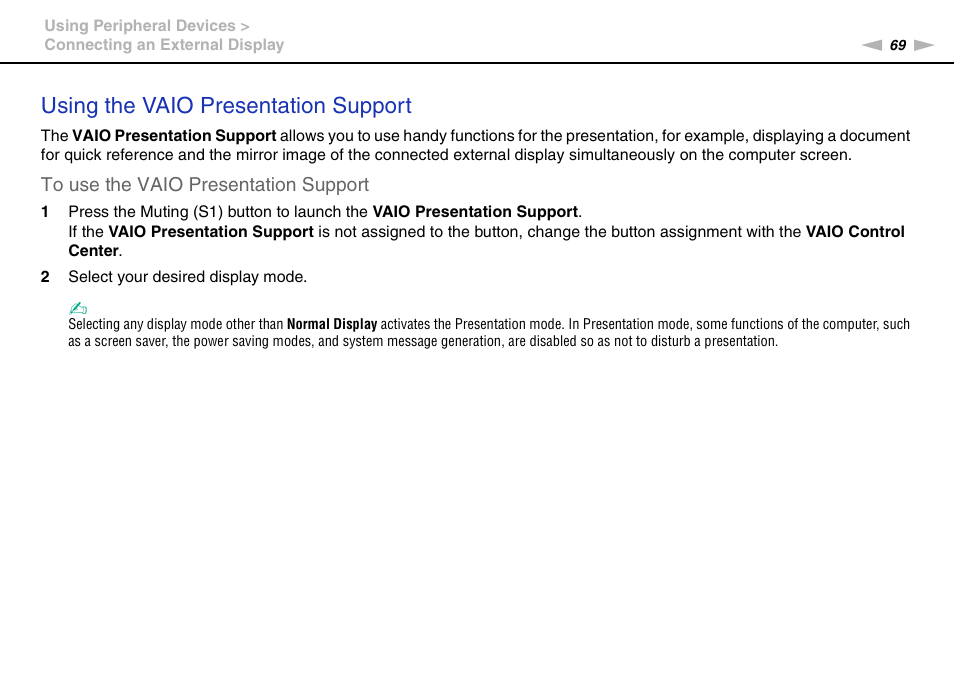 Using the vaio presentation support | Sony VGN-NW226F User Manual | Page 69 / 152