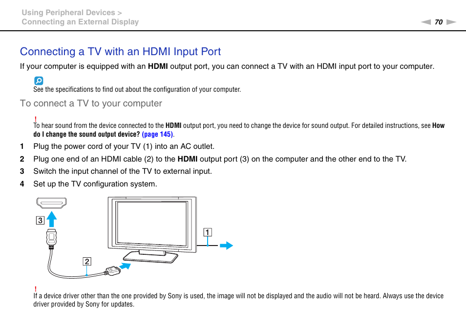 Connecting a tv with an hdmi input port | Sony VGN-NW226F User Manual | Page 70 / 152