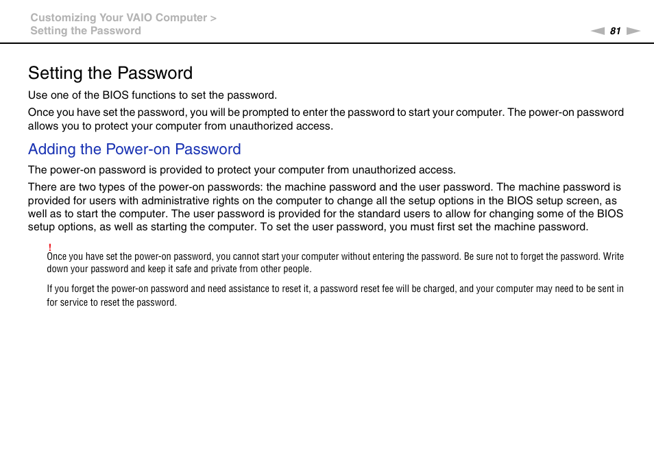 Setting the password, Adding the power-on password | Sony VGN-NW226F User Manual | Page 81 / 152