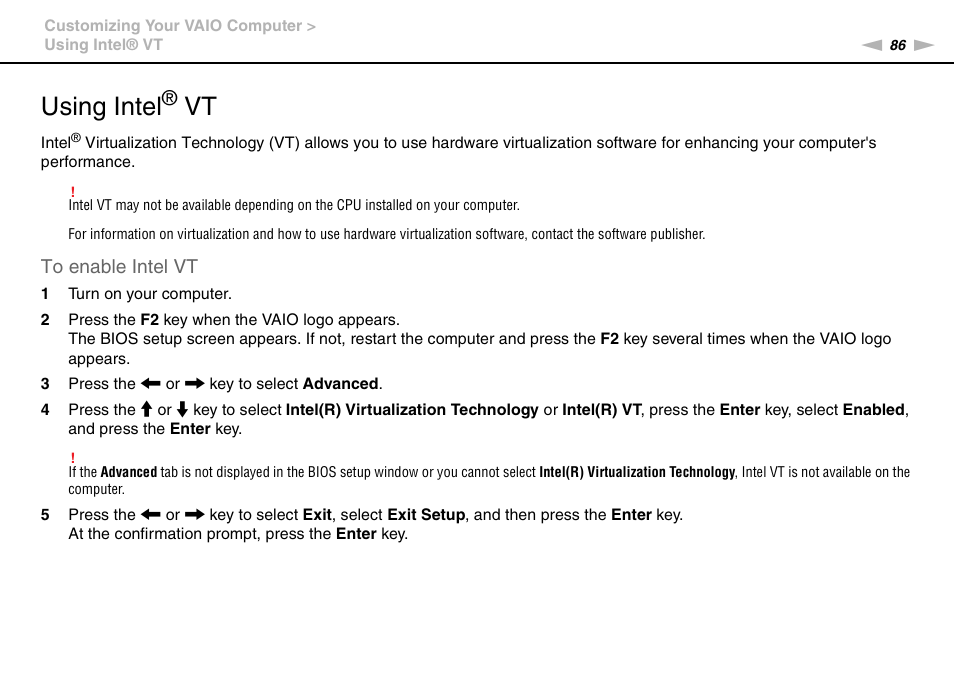 Using intel® vt, Using intel | Sony VGN-NW226F User Manual | Page 86 / 152