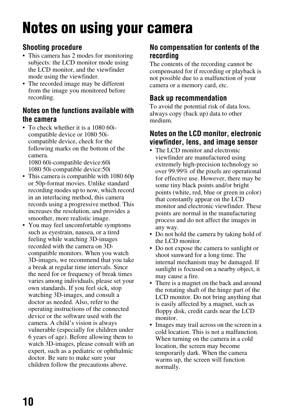 Notes on using your camera | Sony SLT-A65VL User Manual | Page 10 / 214