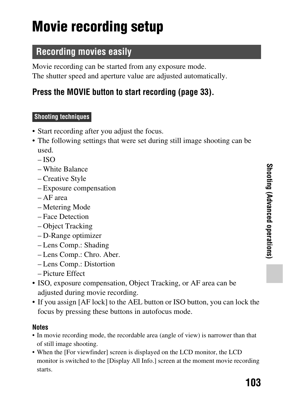 Movie recording setup, Recording movies easily | Sony SLT-A65VL User Manual | Page 103 / 214