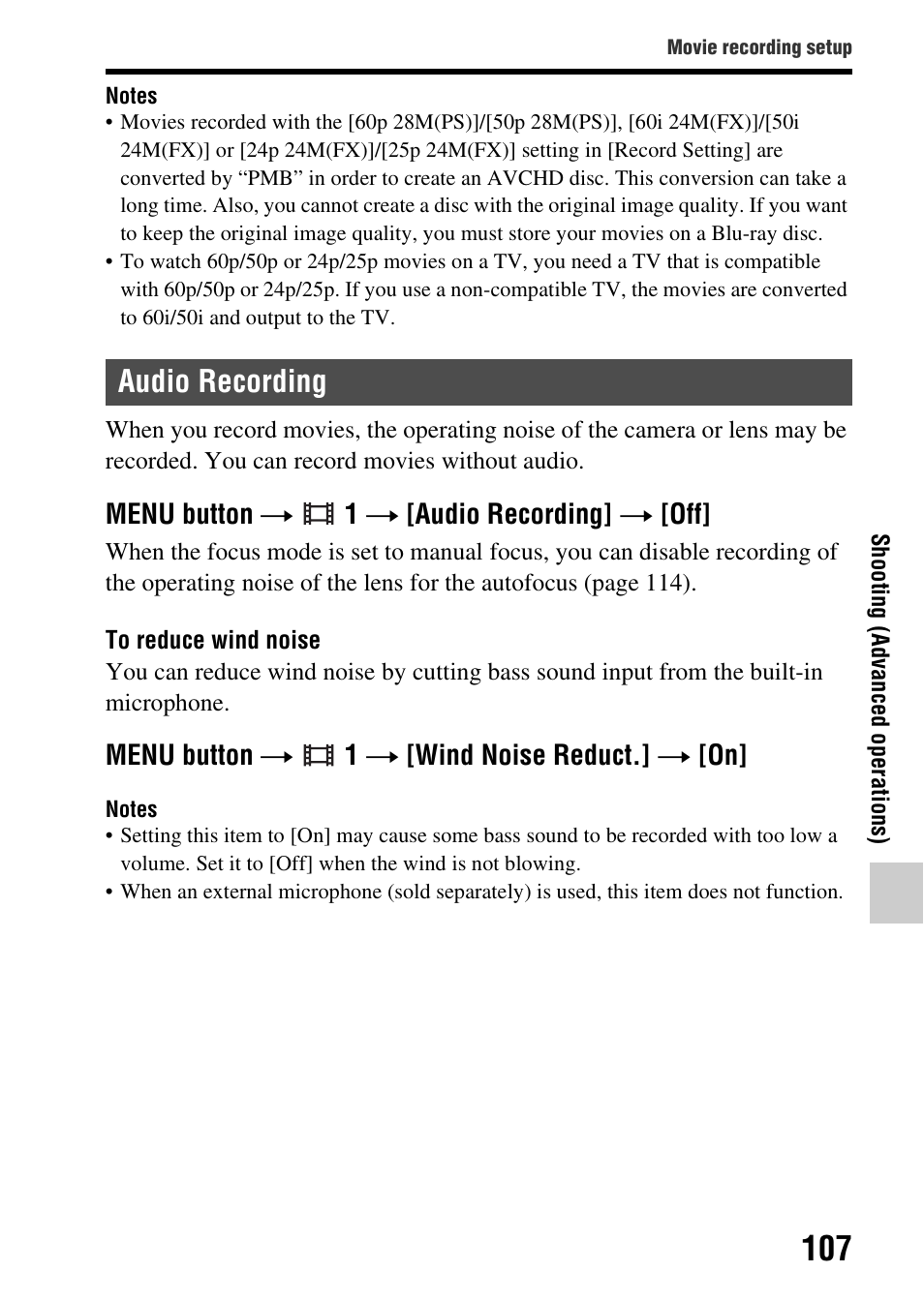 Audio recording, Menu button t 1 t [audio recording] t [off, Menu button t 1 t [wind noise reduct.] t [on | Sony SLT-A65VL User Manual | Page 107 / 214