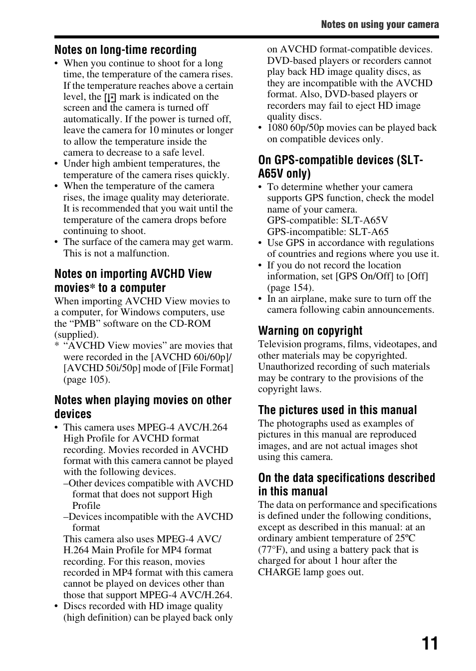 Sony SLT-A65VL User Manual | Page 11 / 214