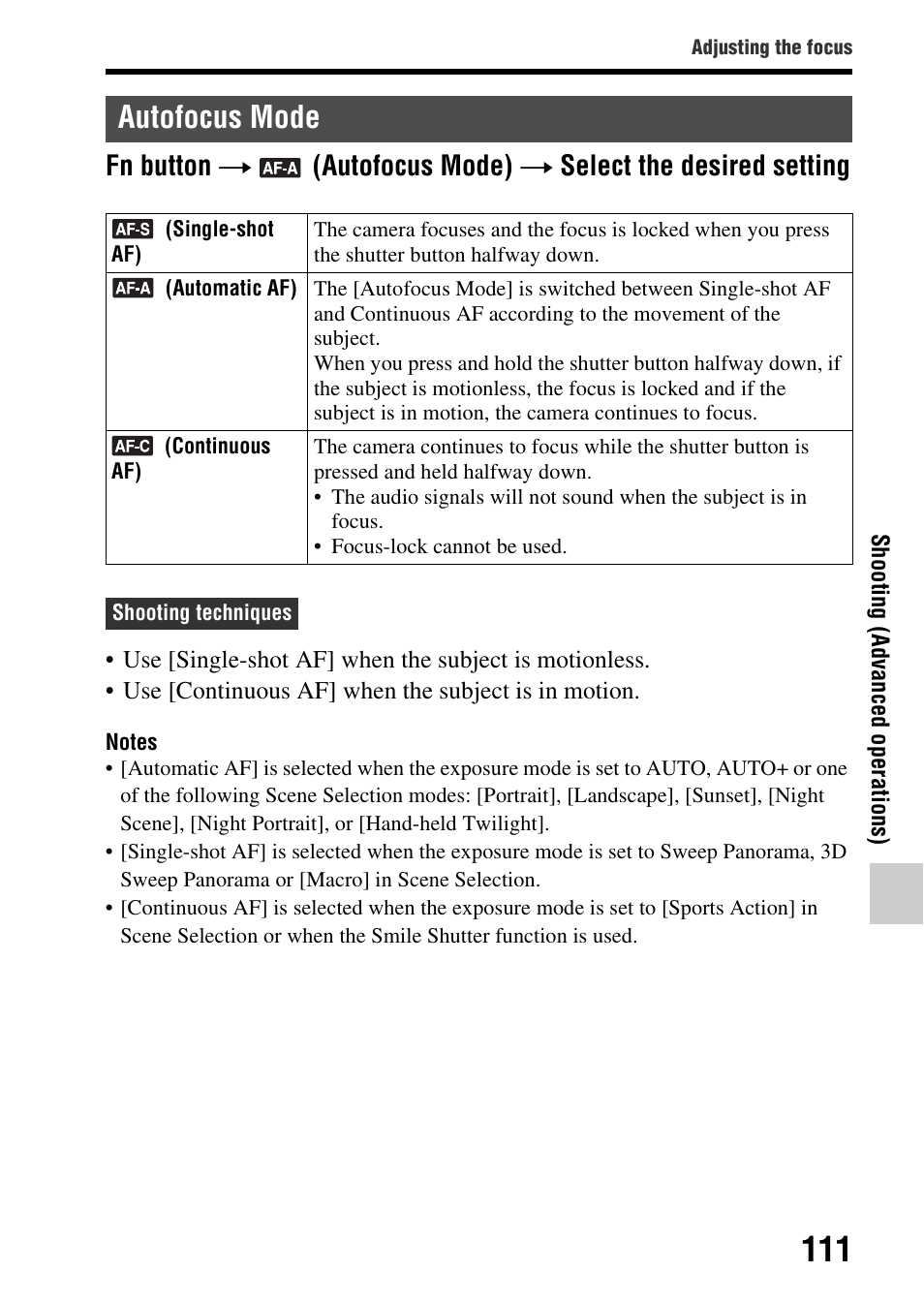 Autofocus mode, Fn button t, Autofocus mode) t select the desired setting | Sony SLT-A65VL User Manual | Page 111 / 214