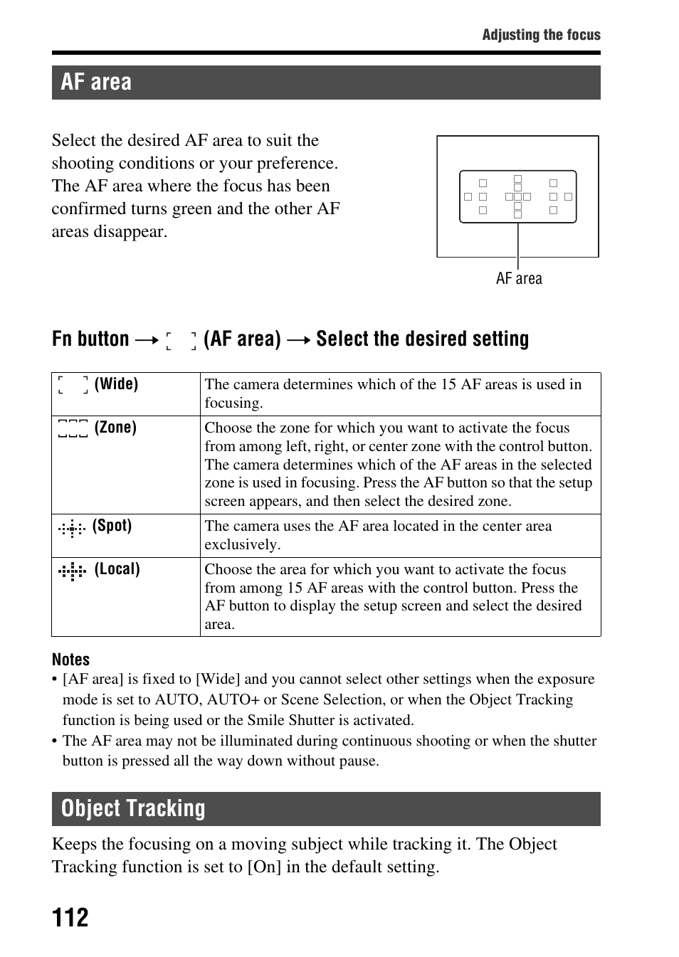 Af area, Object tracking, Af area object tracking | Button (112)/o, N (112), Af area (112), Fn button t (af area) t select the desired setting | Sony SLT-A65VL User Manual | Page 112 / 214