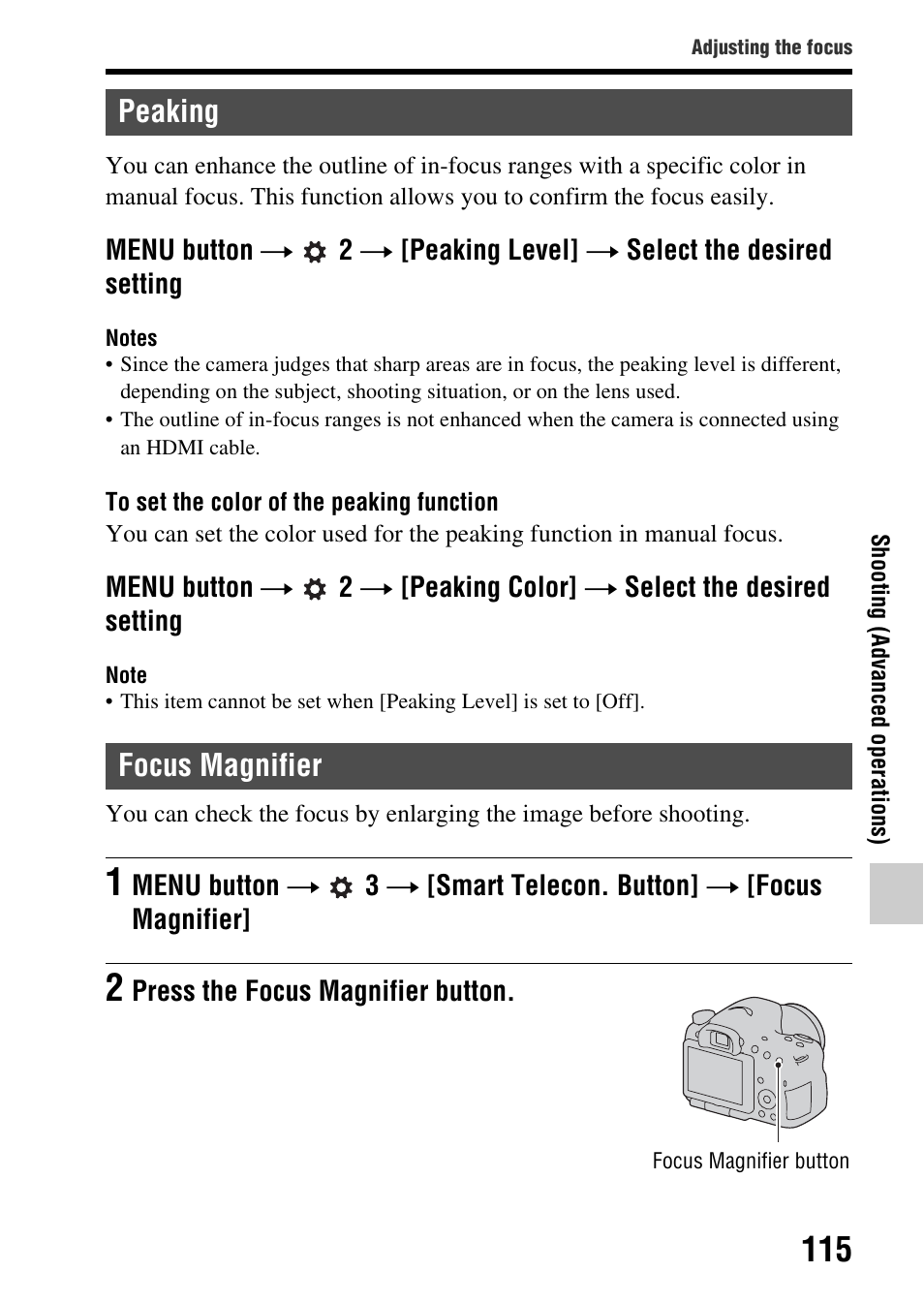 Peaking, Focus magnifier, Peaking focus magnifier | Ier button (115), On (115 | Sony SLT-A65VL User Manual | Page 115 / 214