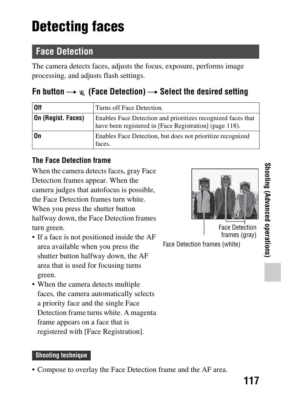 Detecting faces, Face detection, Ion (117) | Sony SLT-A65VL User Manual | Page 117 / 214