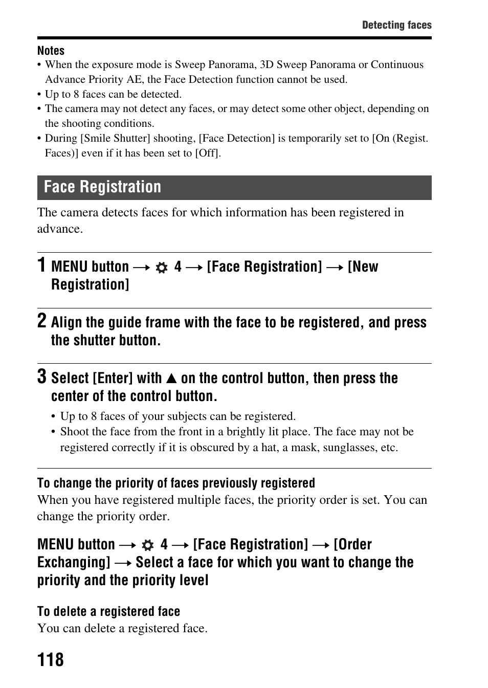 Face registration | Sony SLT-A65VL User Manual | Page 118 / 214