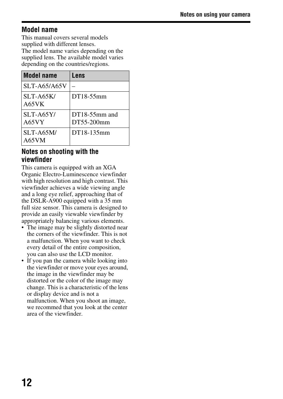 Sony SLT-A65VL User Manual | Page 12 / 214