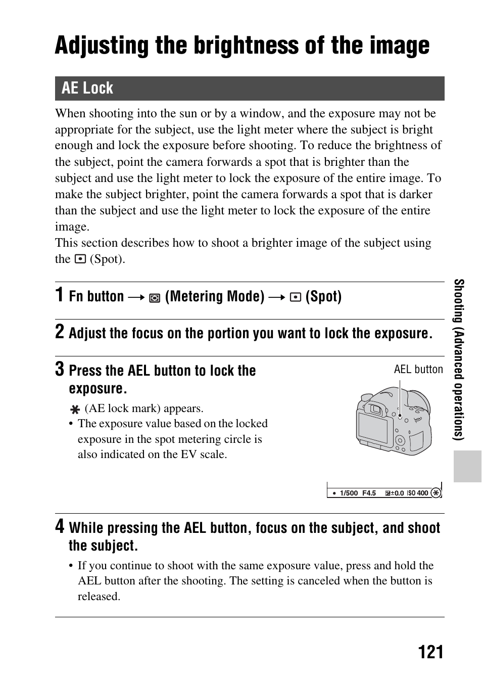 Adjusting the brightness of the image, Ae lock, N (121)/a | On (121)/av, Lock (121) | Sony SLT-A65VL User Manual | Page 121 / 214