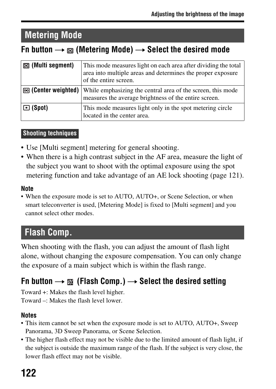 Metering mode, Flash comp, Metering mode flash comp | Ng area (122), Ode (122), On (122) | Sony SLT-A65VL User Manual | Page 122 / 214
