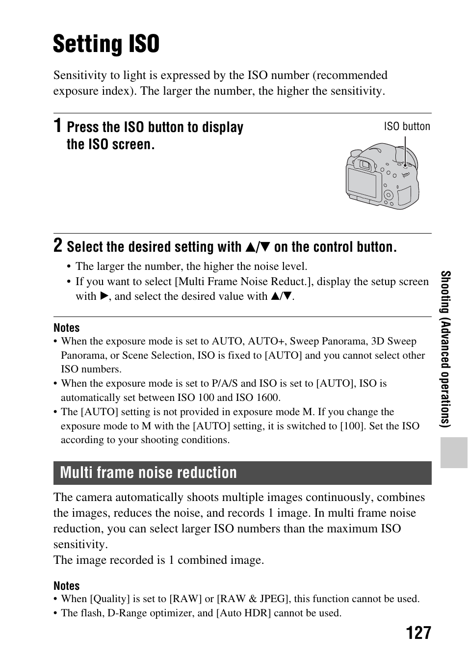 Setting iso, Multi frame noise reduction, N (127) | O (127) | Sony SLT-A65VL User Manual | Page 127 / 214