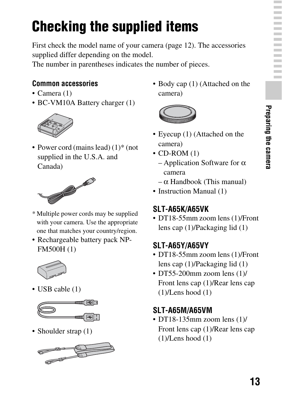 Preparing the camera, Checking the supplied items | Sony SLT-A65VL User Manual | Page 13 / 214