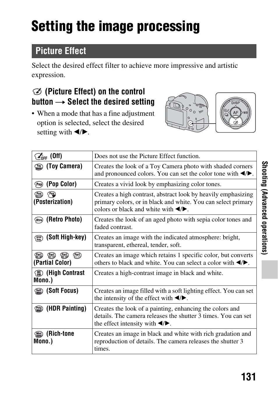 Setting the image processing, Picture effect, Ct) (131) | 131), and a | Sony SLT-A65VL User Manual | Page 131 / 214