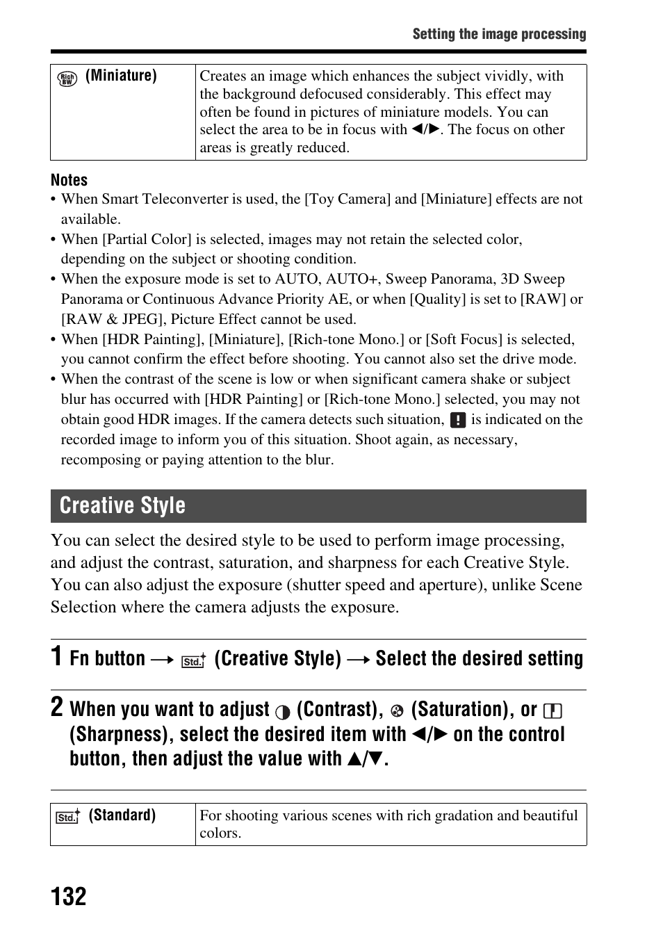 Creative style, E (132), Fn button t | Creative style) t select the desired setting | Sony SLT-A65VL User Manual | Page 132 / 214