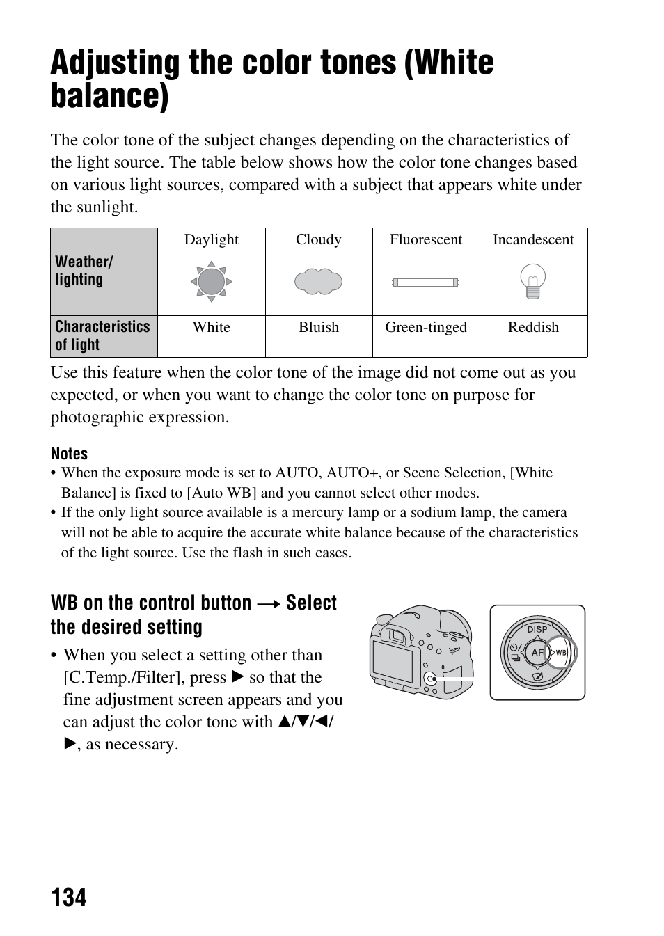 Adjusting the color tones (white balance), Nce (134), Ance (134) | Sony SLT-A65VL User Manual | Page 134 / 214