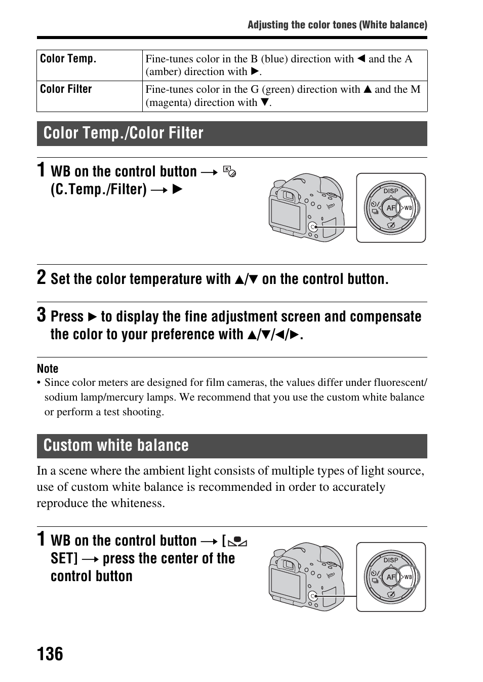 Color temp./color filter, Custom white balance, Color temp./color filter custom white balance | Sony SLT-A65VL User Manual | Page 136 / 214