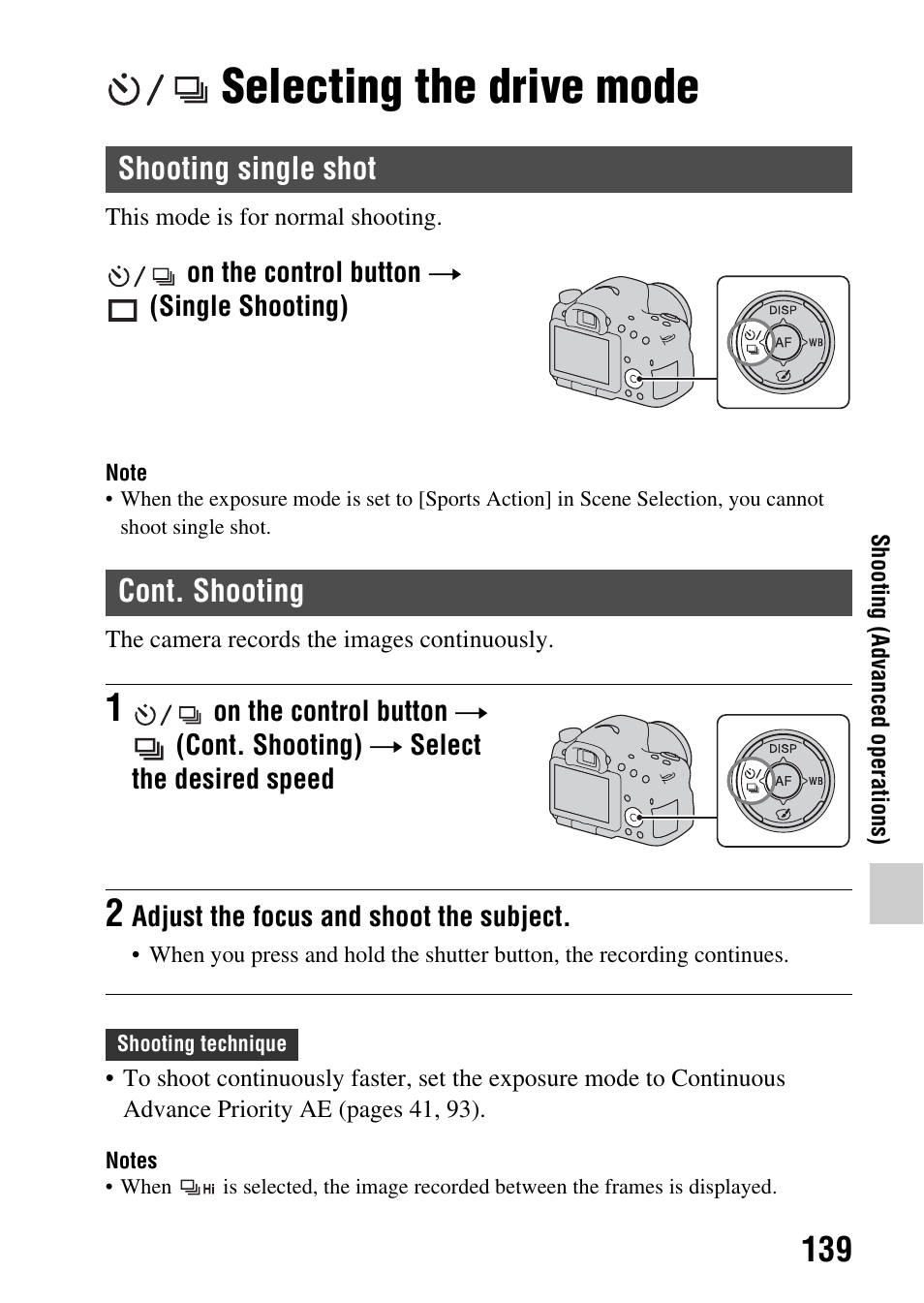 Selecting the drive mode, Shooting single shot, Cont. shooting | Shooting single shot cont. shooting, G) (139), 39), pictu | Sony SLT-A65VL User Manual | Page 139 / 214