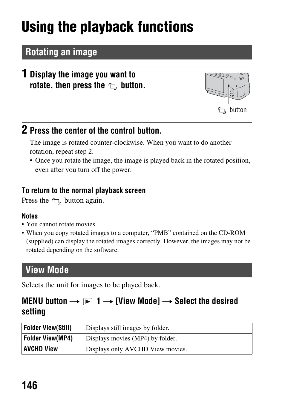 Using the playback functions, Rotating an image, View mode | Tton (146), N (146), De (146) | Sony SLT-A65VL User Manual | Page 146 / 214