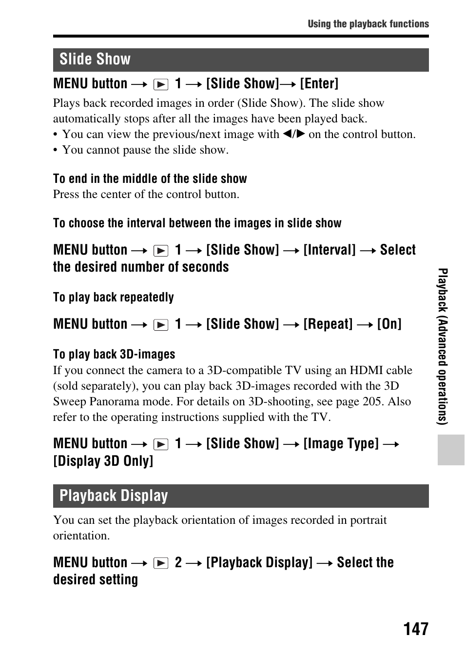 Slide show, Playback display, Slide show playback display | Sony SLT-A65VL User Manual | Page 147 / 214