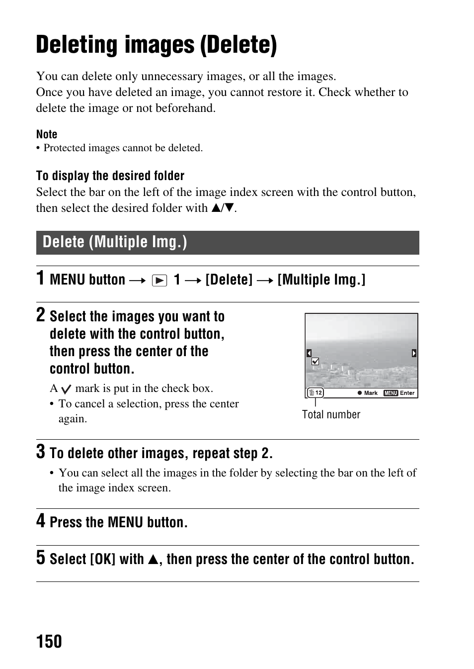 Deleting images (delete), Delete (multiple img.) | Sony SLT-A65VL User Manual | Page 150 / 214