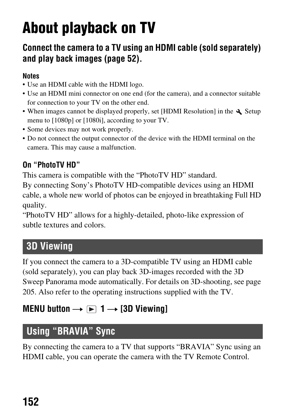 About playback on tv, 3d viewing, Using “bravia” sync | 3d viewing using “bravia” sync | Sony SLT-A65VL User Manual | Page 152 / 214